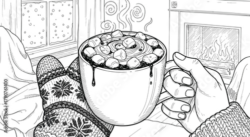 Enjoying hot chocolate with marshmallows by the fireplace on a snowy winter day