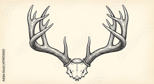 Detailed illustration of deer antlers with a skull base, presented in a vintage sketch style