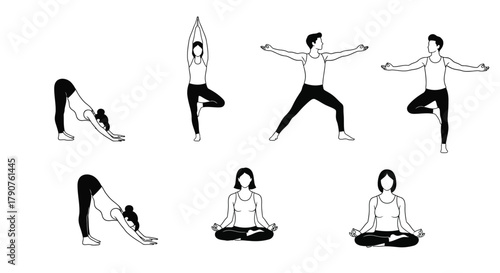 Illustrations of people performing various yoga poses, including downward-facing dog and tree pose.