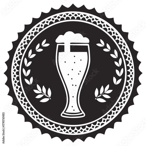 Beer emblem design featuring a full pint glass and laurel wreath in black and white