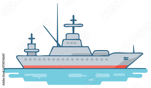 Cartoon Naval Ship on Water Flat Design Illustration Military Vessel Sailing