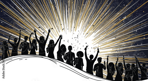 Silhouetted crowd celebrating with drinks against a burst of golden light design