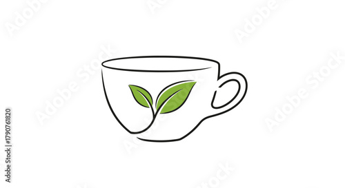 A simple illustration of a tea cup with green leaves on a white background.