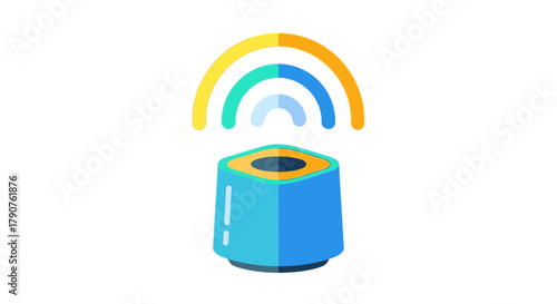 A smart speaker emits a signal with colorful waves above it.