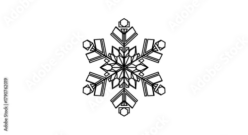 A detailed, black and white illustration of a snowflake.