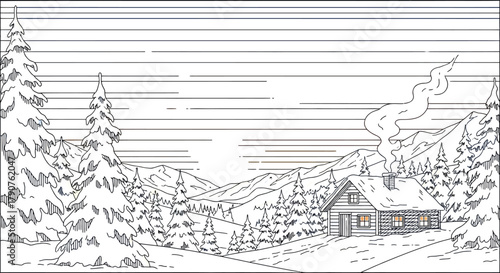 Cozy cabin in a snowy winter landscape at sunset with smoke rising from chimney