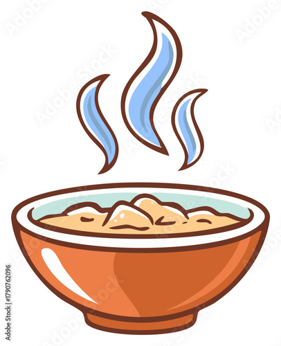 Warm steaming bowl of breakfast porridge or soup cartoon illustration for comfort food concept