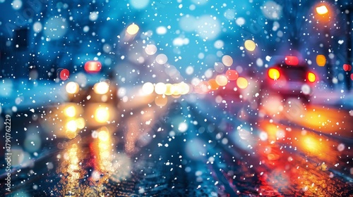 An enchanting urban nighttime scene with snow gently falling over streets, highlighted by vibrant bokeh lights from vehicles, creating a captivating winter atmosphere.