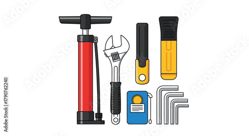 A collection of various tools, including a bike pump, wrench, and hex keys.