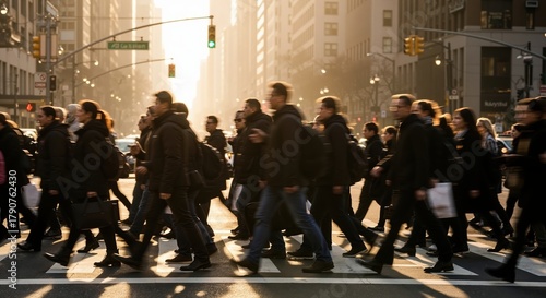 Crowd of people walking on a city crosswalk during rush hour. Motion blur of commuters in the golden sunset light. Urban lifestyle in a metropolis