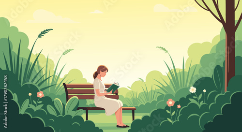 Enjoying quiet time reading a book on a bench in a lush park setting, peaceful day for relaxation and inspiration, original vector graphics for design projects