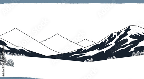 Snowy mountain range landscape with trees and a clear sky in winter season