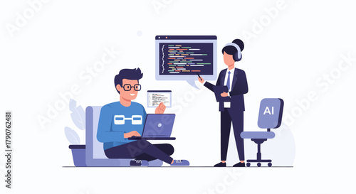 Modern tech team working on AI software development, coding and problem solving for innovative solutions, digital transformation and machine learning