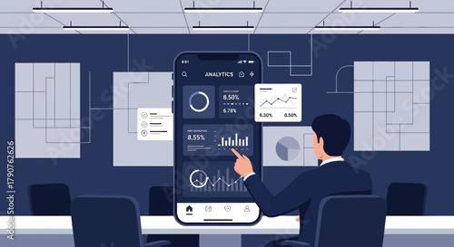 Businessman analyzing financial data on mobile app in modern office environment illustration