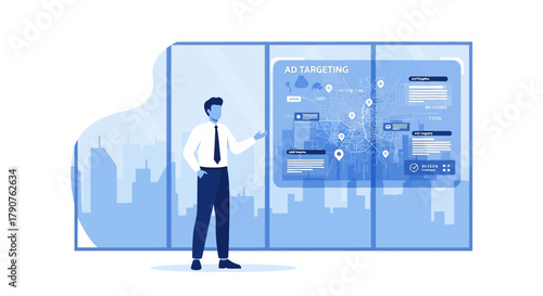 Business professional presenting ad targeting strategies in a modern office setting illustration