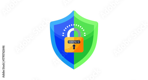 A colorful shield with a padlock symbol represents security and protection.