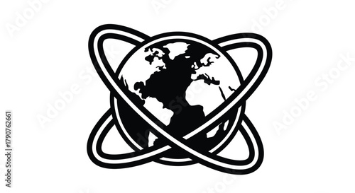 A stylized black and white graphic depicts the globe with intersecting orbital rings.