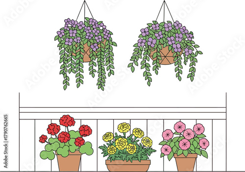 Various potted plants and hanging baskets adorn a balcony railing.