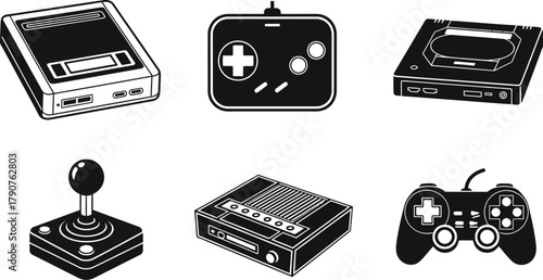 A collection of vintage video game consoles and controllers is displayed.