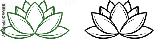 Two stylized lotus flowers, one in green and one in black outline, are shown side-by-side.