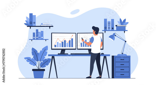 Financial analyst reviews charts on dual monitors for stock market insights, data analysis and business growth strategies during a workday at a modern office