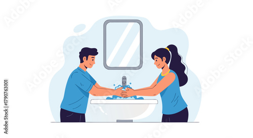Couple practicing good hygiene, washing hands together in bathroom sink, promoting health and safety, a modern lifestyle scene, stay healthy and clean