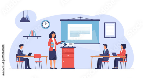 Professional business presentation with speaker and audience, perfect for corporate training, meeting scenarios, and showcasing communication skills in action