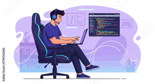 Cartoon illustration of a developer working from home in a gaming chair, coding and relaxing