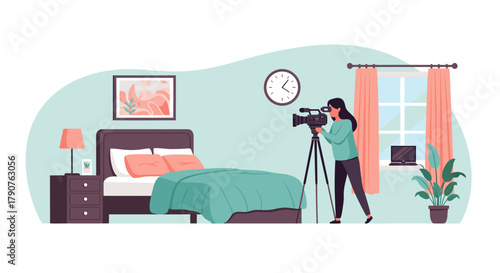 Content creator filming interior design video in bedroom, capturing cozy lifestyle and home decor inspiration for online tutorial with professional camera