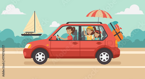 Family adventure on summer road trip! Mom, daughters, car packed with vacation gear ready for fun, sailboat in the distance, perfect for travel ads