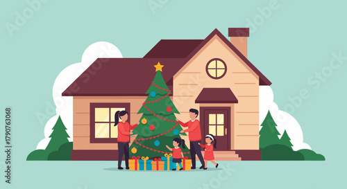 Happy family decorating Christmas tree together at home, creating joyful holiday memories and celebrating the spirit of the season with love and laughter