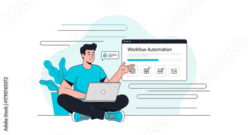 Cartoon man working on workflow automation with a laptop in a relaxed pose demonstrating features