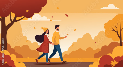 Couple strolling hand-in-hand through autumn park, enjoying vibrant fall foliage and a romantic atmosphere, perfect for seasonal greetings and lifestyle imagery