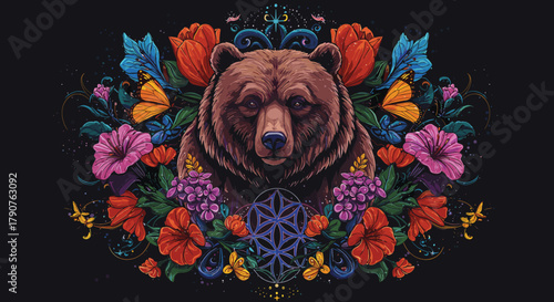 Bear, floral, butterflies, nature, mystical, spiritual, animal, wildlife, decorative, colorful, calm, focused, symmetry, geometry, flower, life, black, background, vibrant, symbolism