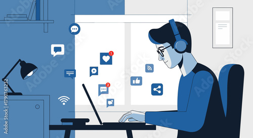 Conceptual illustration of a young man working from home with social media notifications and
