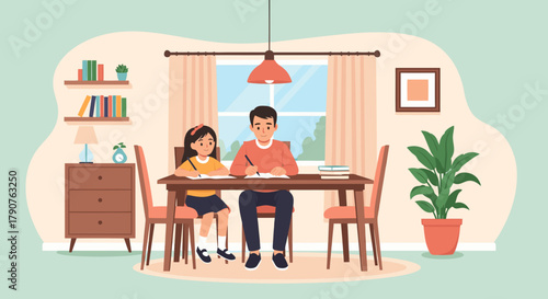 Loving father helping daughter with homework at home, creating a positive learning environment and strengthening their bond with focused study time