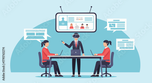 Futuristic meeting with VR presenter and colleagues, a modern, collaborative space fostering innovation and connection in a virtual environment for business success