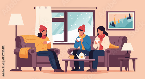 Cozy winter scene showing friends enjoying warm drinks together inside during a snowy day, relaxing in armchairs, and sharing stories in a comfortable setting