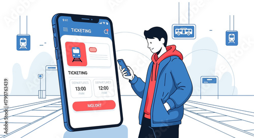 Convenient mobile ticketing app for train travel with passenger at station platform