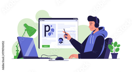 Creative designer working at home using a graphics tablet and laptop with headphone