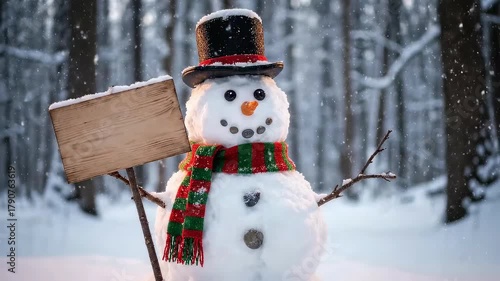 Snowman blinking and holding blank wooden sign in snowy winter forest