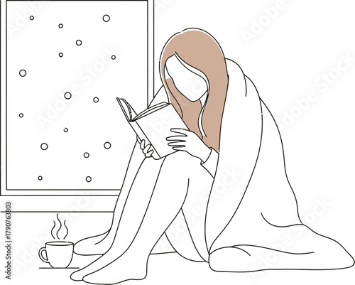 Woman reading a book by the window with snow falling and a warm drink nearby