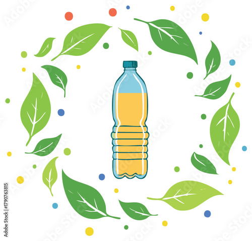 Refreshing beverage concept illustration in clear bottle with colorful dots and green leaves.