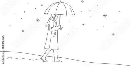 Woman walking with umbrella in the rain under a starry sky in a minimalist style