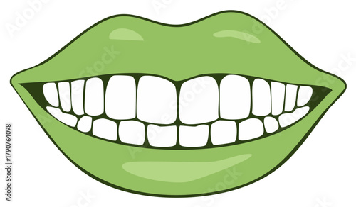 Illustration of cartoon lips with white teeth showing a big smile with green lips.