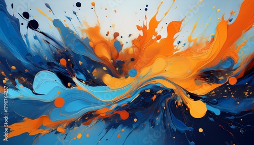 abstract splattered paint in blue and orange hues