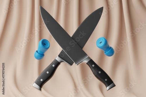 Crossed chef knives with earbuds
