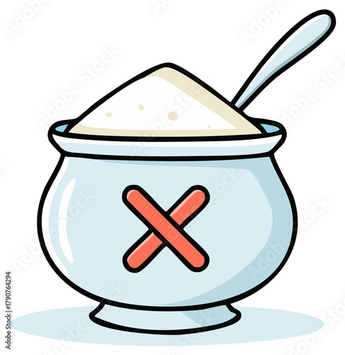 Cartoon Sugar Bowl Overflowing with Sweetener and a Spoon, Red X Designates Sugar Free