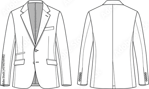 white cad drawing clothes "blazer jacket" front and back view, detailed fashion flat sketch, formal menswear design vector illustration
