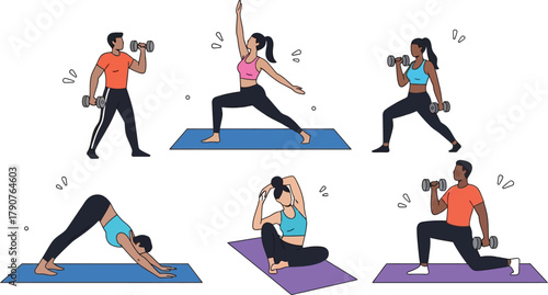 People performing various fitness exercises including yoga and weightlifting on mats.